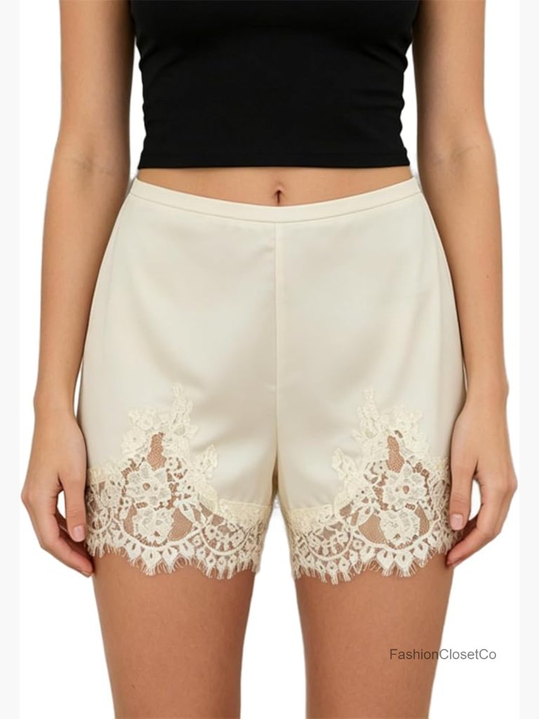 Lace Trim Satin Shorts Y2k Silky French Knickers Coquette Boxer Lounge Pajama